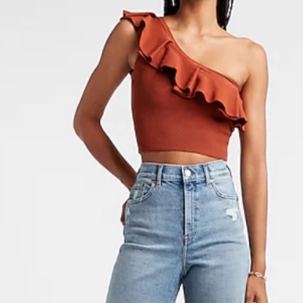Express Brick Red Ruffled One-Shoulder Top Size M